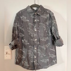 Cat & Jack Boys Dinosaurs Gray Button-Up Long Sleeve Shirt  Size S 6-7